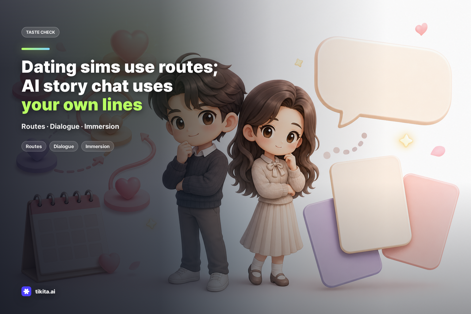 Illustration comparing dating sims and AI story chat
